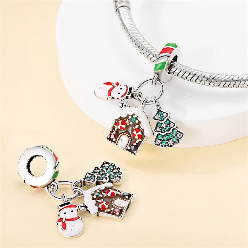 925 Sterling Silver Bell Ring Christmas Tree Red Heart Elk Charm Fit DIY Bracelet Necklaces Jewelry