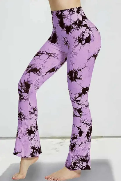 Women Tie Dye Flared Pants Knit Seamless Leggings High Waist Butt Lift Fitness Pants Gym Yoga Cycling Slim Fashion Flared Pants