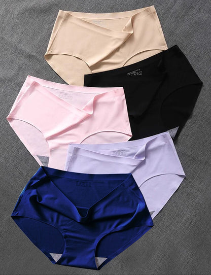 5Pcs Plus Size Panties Women's Underwear Seamless Ice Silk Cooling Fabric Simple Briefs Girls Sexy Lingeries Female Solid Color