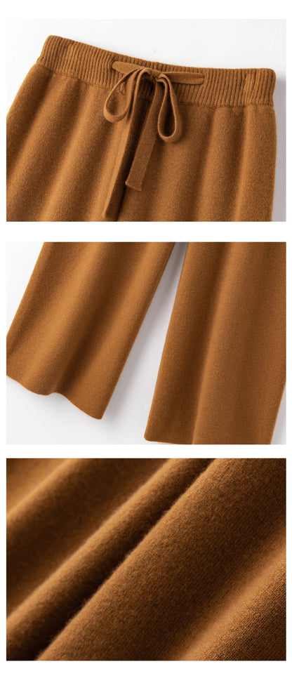 Soft waxy 100% cashmere wide-leg pants women's drooping feeling lazy wind knitted straight pants padded outer pants in autumn an