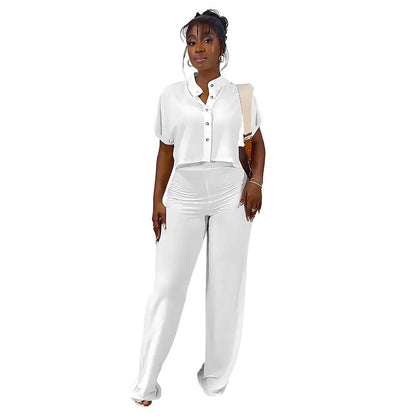 White Short Sleeve Shirt Tops Casual Wide Leg Pants Short Cardigan Top Solid Color Straight Pants Women Two-Piece Sets Outfits