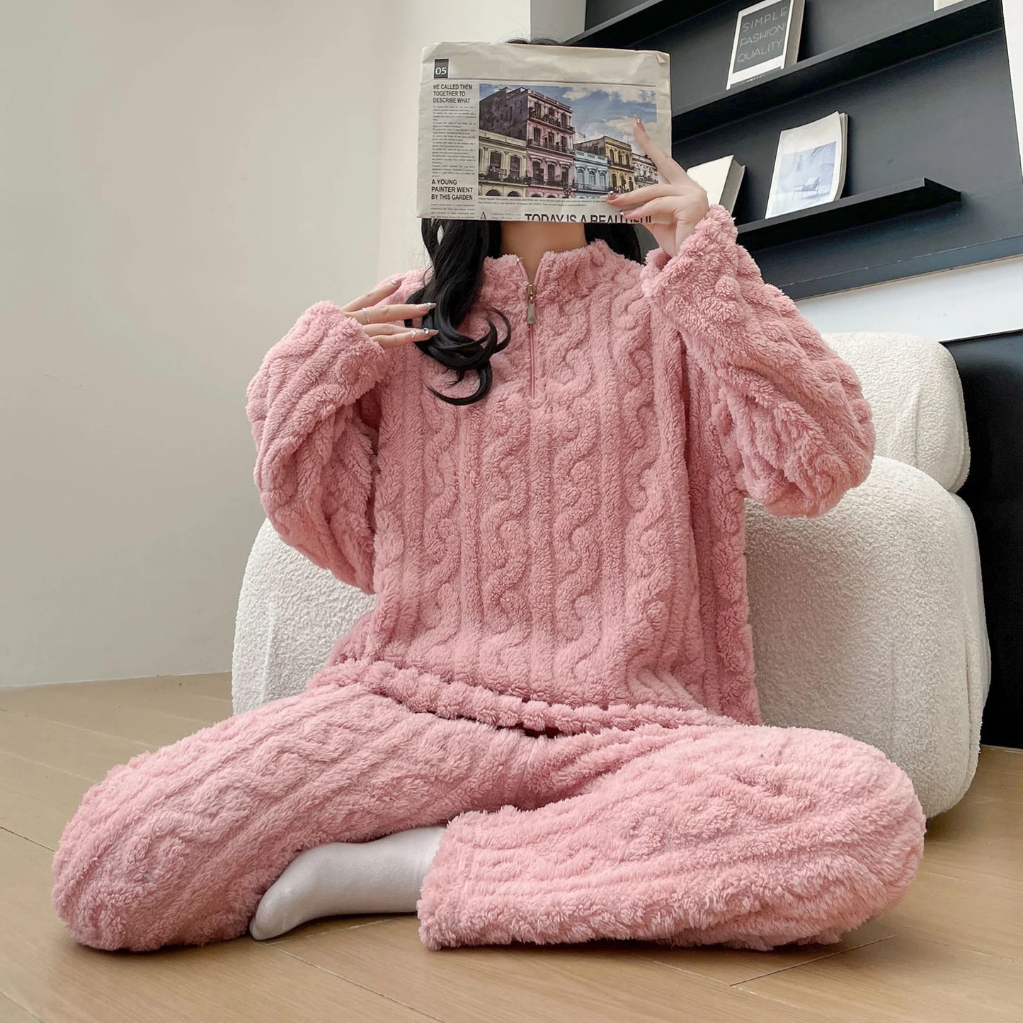 1 Set Winter Women Pajamas Warm Plush 2-Piece Sleepwear Set Stylish Solid Color Elastic High Waist Pullover Pajama Suit