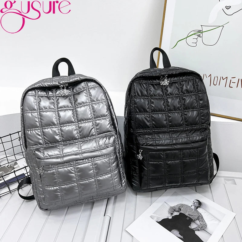 Gusure Winter Space Down Women's Backpack Fashion Quilted Plaid Female School Bags for Girls Casual Large Capacity Handbag bolsa