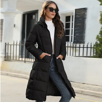 Women's Winter Long Parka Solid Color Thick Warm Hooded Cotton-padded Jacket Fashion Street Long Down Cotton-padded Jacket