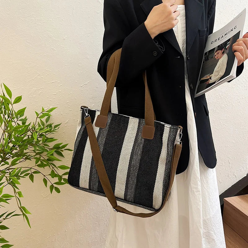 Big Bag Women 2023 New Fashion Striped Canvas Bag Commuter Tote Bag Fashion Single Shoulder Crossbody Mommy Bag