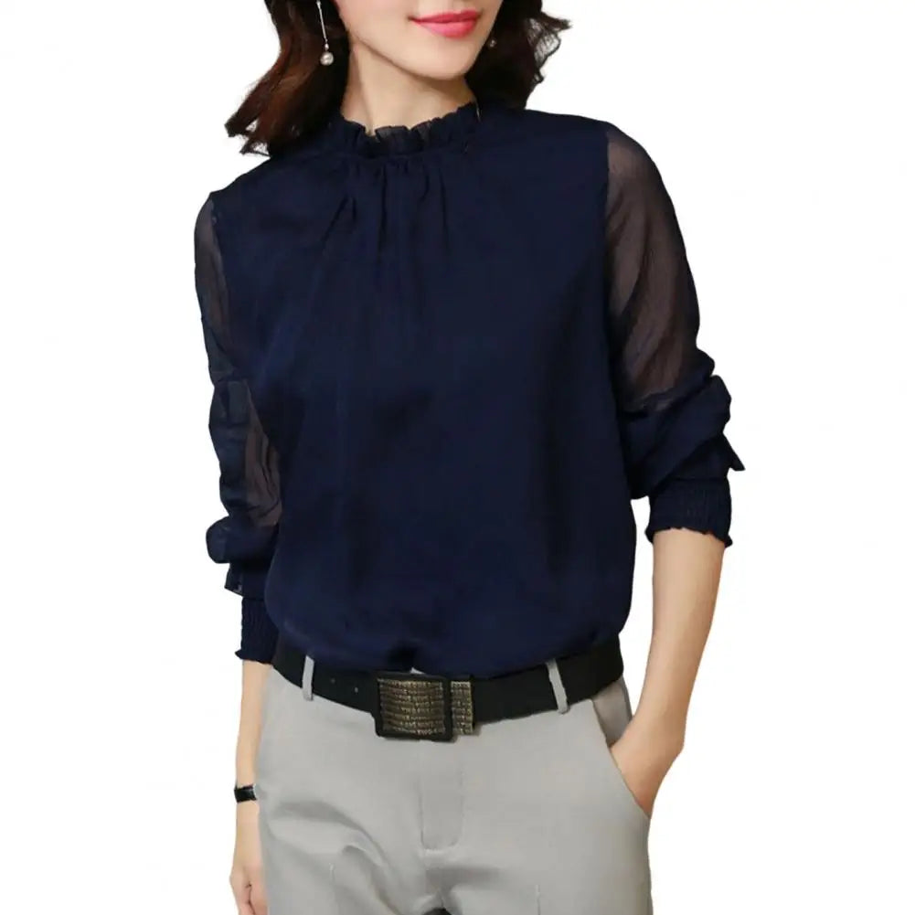 Chiffon Shirt Perspective Net Mesh Sleeve Elastic Cuffs Women Shirt Elegant Ruffle Collar Solid Color