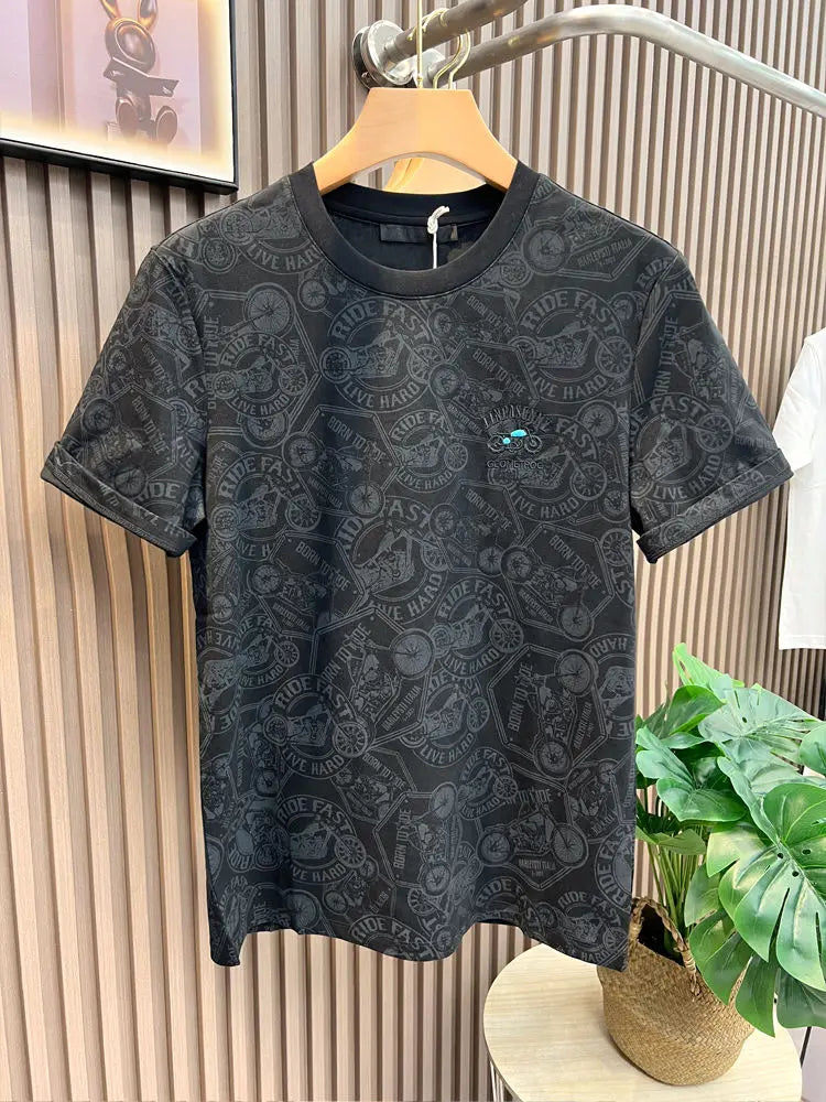 Tops Embroidery Men's T-shirt Black Drawings Male Tees Shirts Motorcycle 5xl Aesthetic Clothing Short Quarter Sleeve Hot Stylish