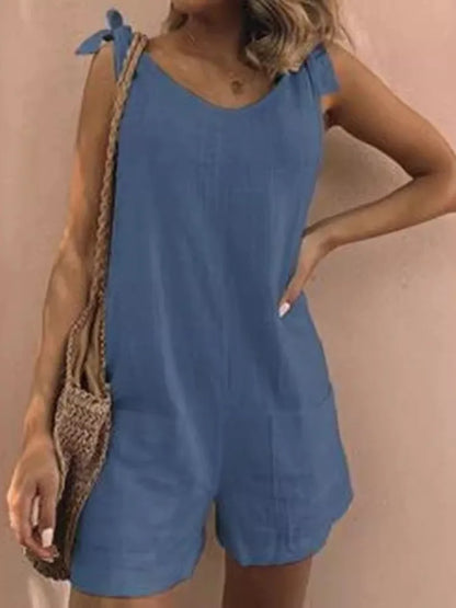 Summer Solid Cotton Linen Playsuits Casual Loose Women Jumpsuits 2024 Fashion Lace -up O Neck Sleeveless Pocket Romper Female