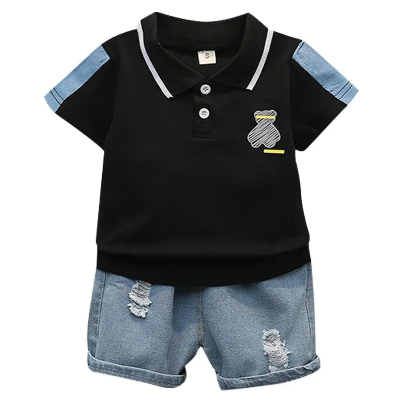 Baby clothes summer children's cartoon short sleeved set boys aged 0-5 solid color T-shirt denim shorts two-piece casual sportsw