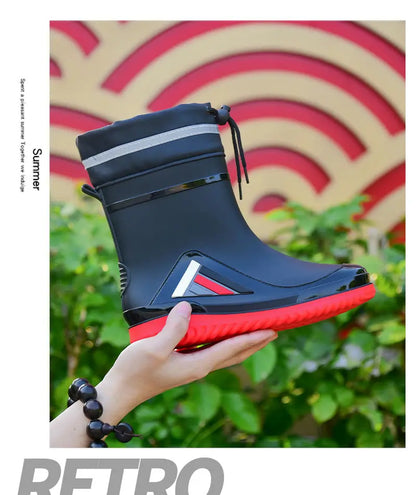 New Fashion Rain Boots for Men Mid-calf Non-slip Waterproof Rain Boots Car Washing Fishing Leisure Work Rubber Shoes with Cotton