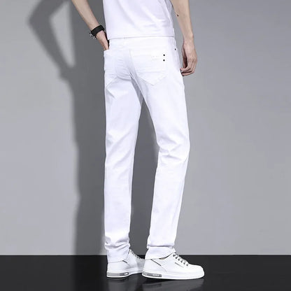 2024 New Men's Pure White Slim Casual Pants Brand Clothing Stretch Straight Gentleman's Suit Long Trousers Classic Style Male