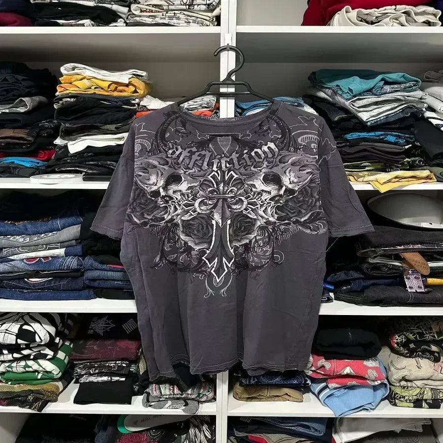 Affliction Long sleeved T shirt Y2K Fashion New Round Neck Oversized T shirt Mens Womens Casual Tops Streetwear Gothic Clothing