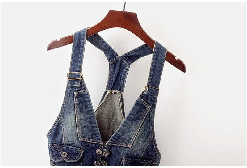 2024 Summer Vintage Sling Denim Vest Women Waistcoat Casual Cowboy Sleeveless Jacket Korean Slim Short Jeans Vests Coat