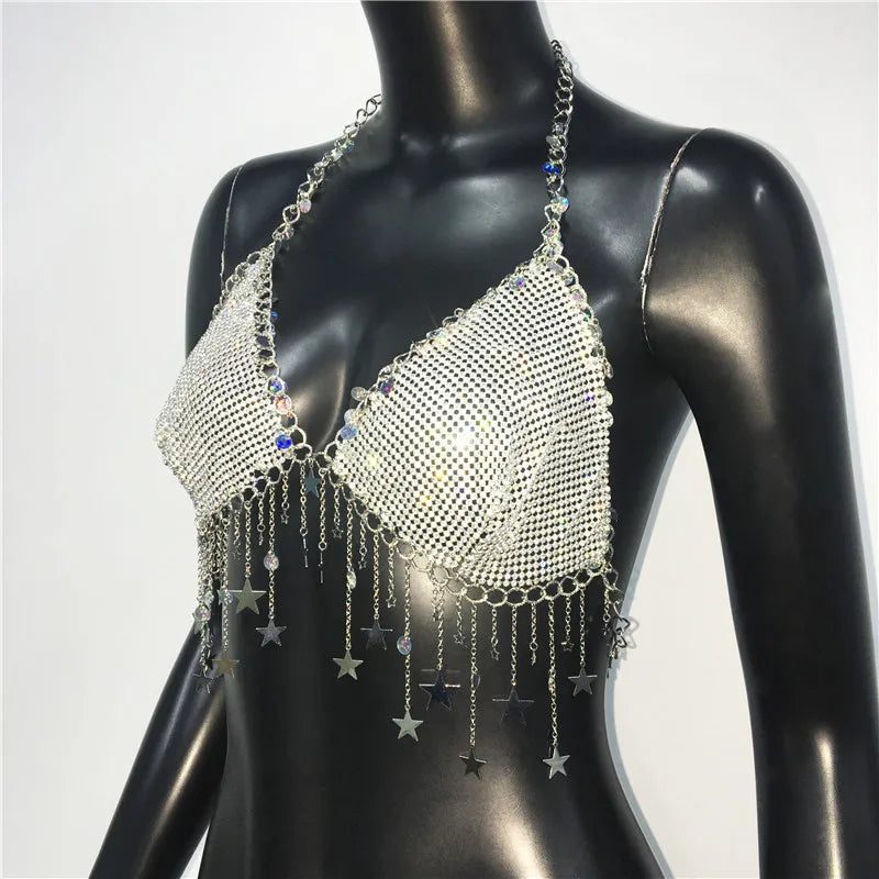 Glitter Rhinestone Star Tassel Tank Top For Women Sexy Backless V Neck Halter Camisole Rave Festival Party Club Crop Tops