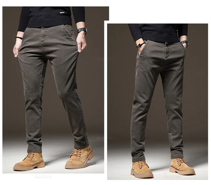 Brand Clothing Winter Fleece Warm Casual Pants Men Cotton Elastic Waist Brown Grey Twill Work Slim Flocking Cargo Trousers Male