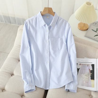 Women's Casual Cotton Oxford Shirt 2023 New Woman Striped Blouse and Tops Simple Solid Lady White Blue Shirts Clothes