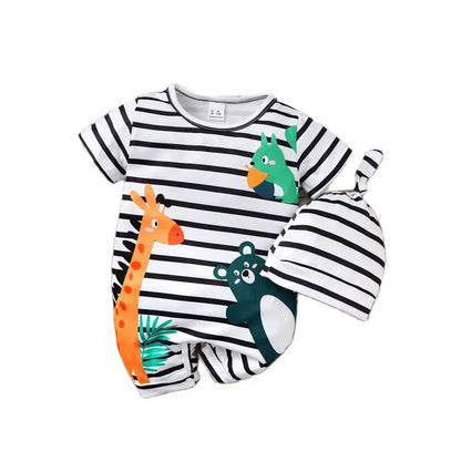 Baby Boy Cute Animals Romper Striped Short Sleeve Jumpsuit+Hat 2PCS Summer Korean Style Clothes Suit for Toddler Boy 3-24Months