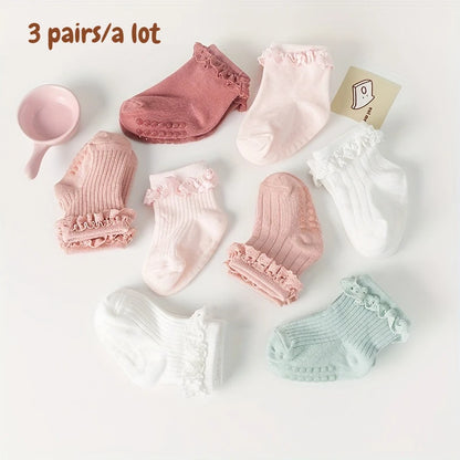 3/5Pair/Lot New Baby Children's Non-slip Autumn Winter Cotton Socks Solid Color Baby Foot Socks Girls Breathable Ruffled Socks