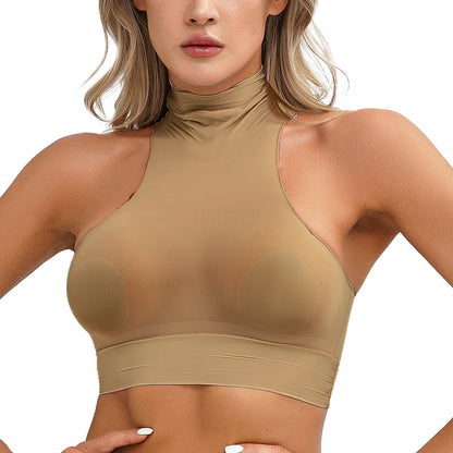 Womens Glossy Crop Tops Mock Neck Sleeveless Sheer See-Through Slim Fit Vest Tops for Swimwear Pool Party Clubwear Nightwear