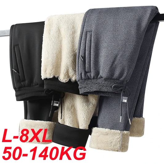 Big Size 8xl 7xl 6xl Pants Men Winter Thick Fleece Liner Zipper Pockets Black Grey Jogger Sweatpants Male Warm Thermal Trousers