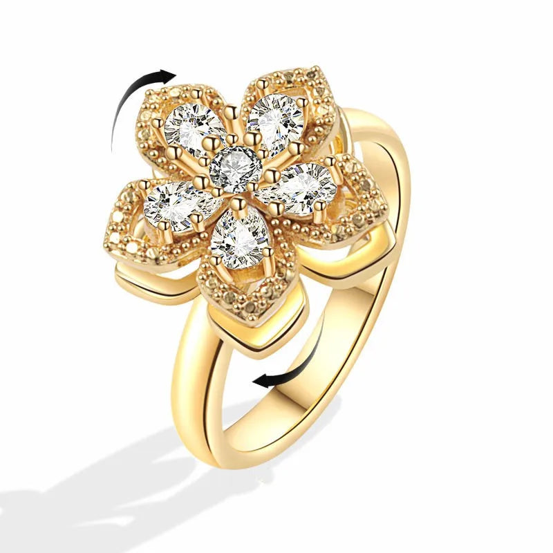 Sunflower Crystal Anti Stress Anxiety Ring Fidget Spinner Rings Adjustable for Women Metal Sakura Rotating Rings Anillos Mujer