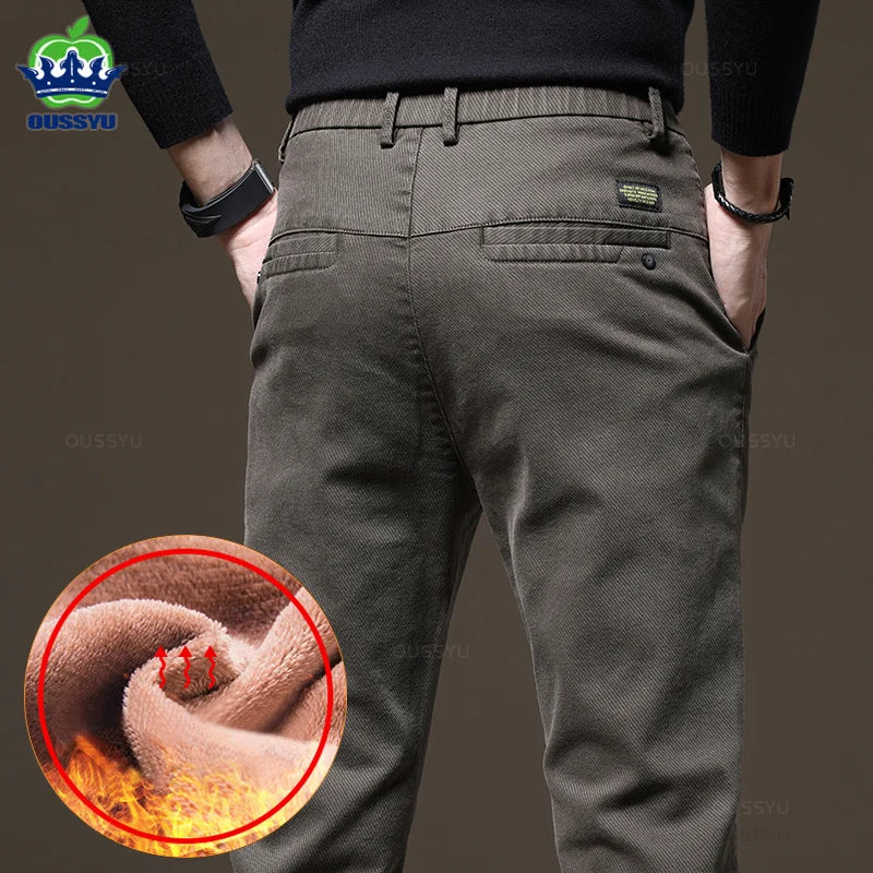 Brand Clothing Winter Fleece Warm Casual Pants Men Cotton Elastic Waist Brown Grey Twill Work Slim Flocking Cargo Trousers Male