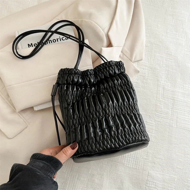 Silver Pleated Drawstring Shoulder Bucket Bags Women Designer Soft PU Leather Small Handbags Female Casual Purse Underarm Bag