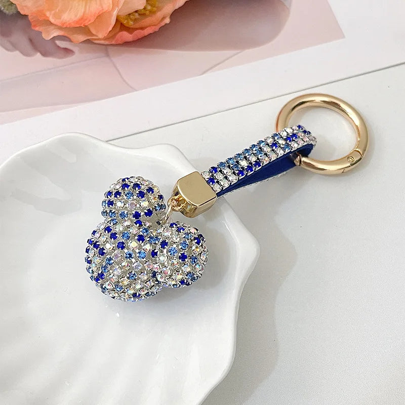 Light Luxury Rhinestone Mickey Head Keychain Crystal Leather Strap Women Bag Pendant Creative Car Keychain Lover Gift for Friend