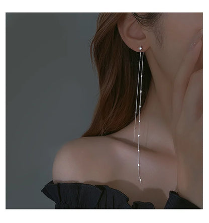 925 Sterling Silver Tassel Earrings Long Asymmetric Earrings Fashion Temperament Earrings Female Wedding Jewelry Birthday Gift