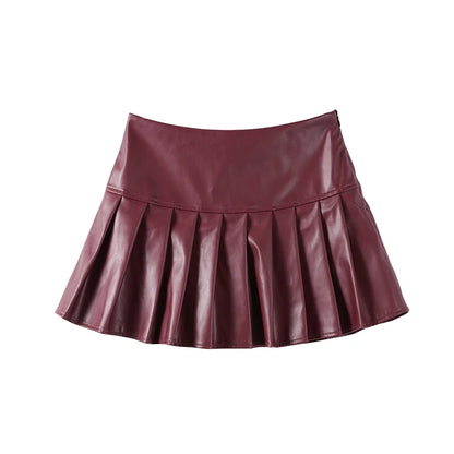 PU Leather Coat Pleated Mini Skirt Sets Women Lapel Double Breasted Long Sleeve Coats High Waist Skirts Set 2024 Lady Suits