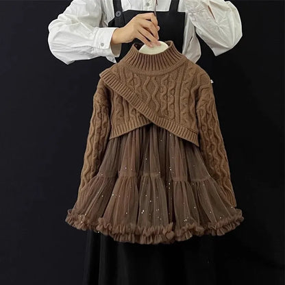 Girls Clothes Set Autumn Winter Children Fashion Woolen Sweater Coat Knitted Tops + Vest + Leather Skirt Fashion Clothing