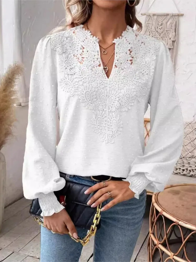 Women's Clothing 2024 Autumn Sexy V-neck Fashionable Lace Patchwork Polyester Solid Color Shirt Long Sleeved Shirt