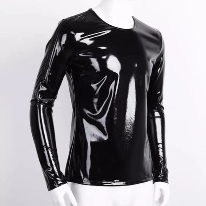 S-7XL Shiny Faux PU Leather Long Sleeve T Shirt Men Wet Look PVC Hot Shapers Tights Shapewear Tshirt Sexy Tee Shirts Tops Body