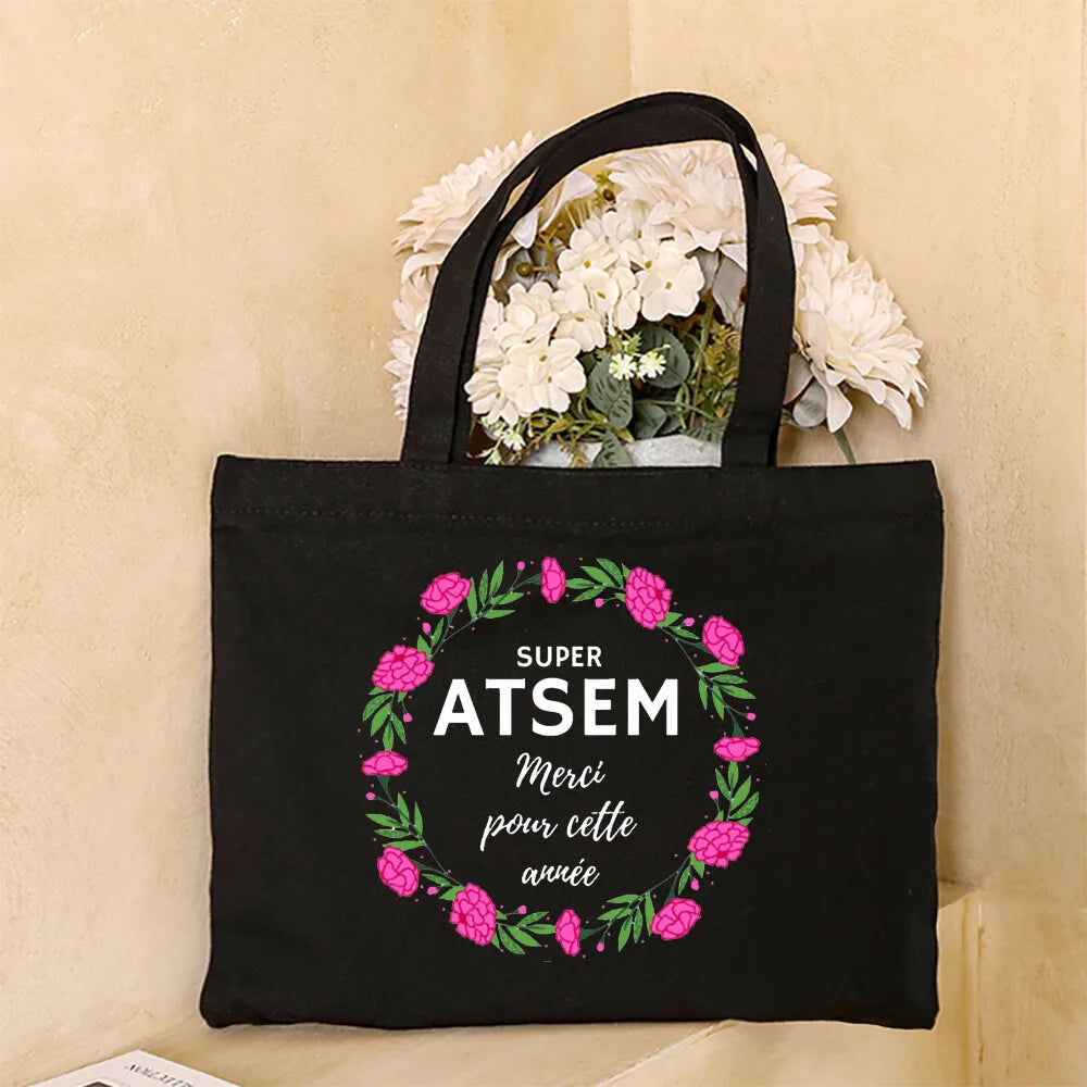 Merci Atsem Printed Women Shoulder Bag Canvas Shopping Bags Female Handbags Reusable Tote Graduation Thanks Gifts for Teacher