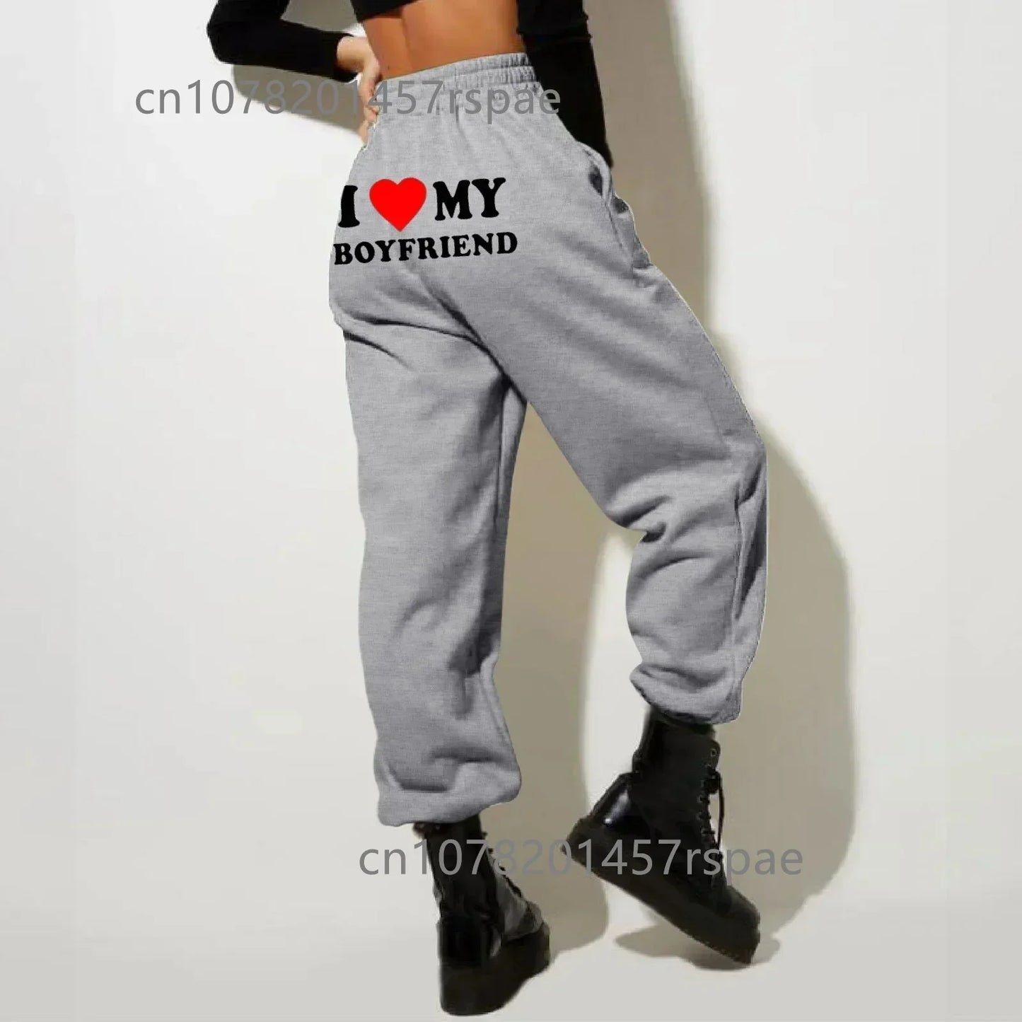 New I Love My Boyfriend Printed Sweatpants Y2k High Elastic Waist Drawstring Baggy Trousers Vintage Casual Loose Straight Pants