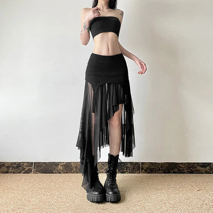 Goth Dark Cyber Y2K Irregular Hem Mid Skirts Harajuku Fashion Streetwear Mesh Patchwork Club Alt Bottoms Punk Skirt for Women