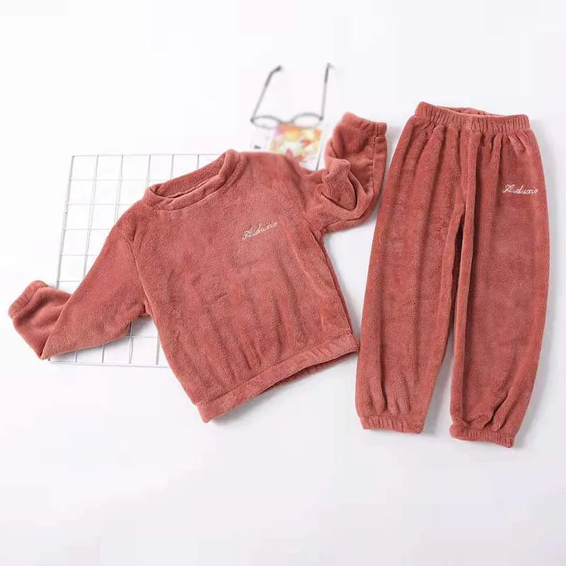 Baby Boys Girls Pajamas Sets Autumn Winter New Kids Warm Soft Flannel Pajamas Set Solid Color Warm Soft Flannel Child Home Suits