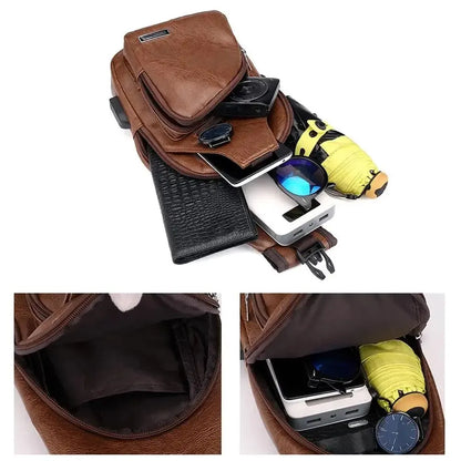 Simple and Fashionable Casual Solid Color PU Multifunctional USB Charging Zipper MEN'S Chest Bag Crossbody Bag for Commuting