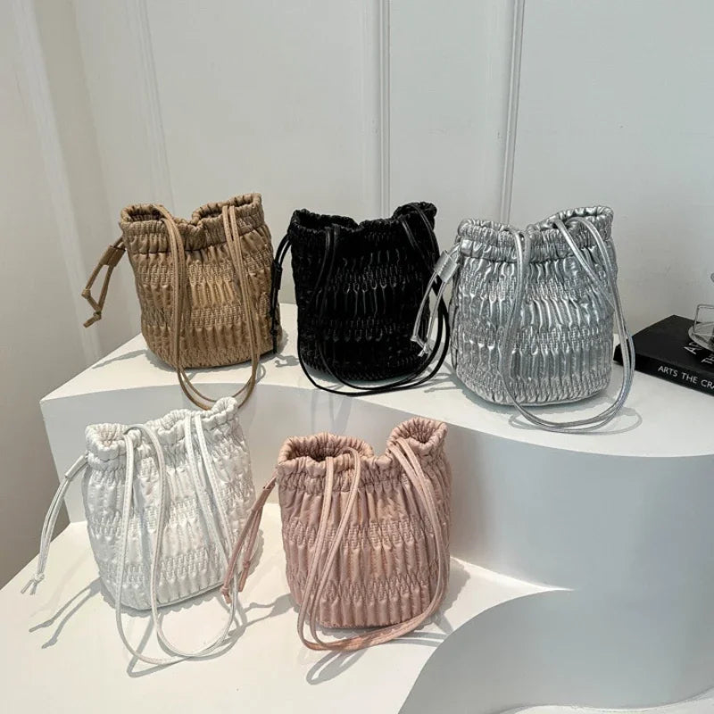 Silver Pleated Drawstring Shoulder Bucket Bags Women Designer Soft PU Leather Small Handbags Female Casual Purse Underarm Bag