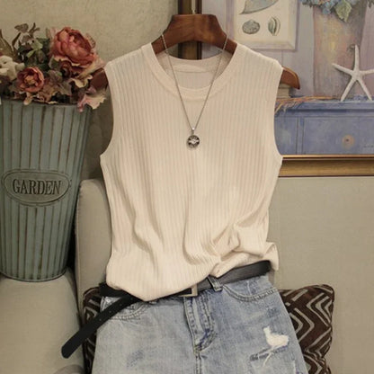 Summer Sleeveless Knitted Blouse Women Pullover O-Neck White Knit Blouse Shirt Women Tops Blusas Mujer De Moda 2024 Verano C853