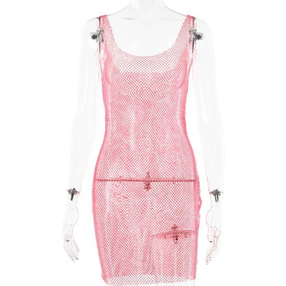 European and American Clothing 2024 Summer New Style Bright Diamond Dress Net Diamond Sexy Suspender Hollow See-through Skirt