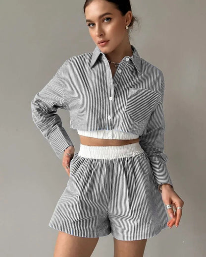 2 Pieces Set Sexy 2024 Summer Autumn Fashion Women Set Female Tops Stripe Long Sleeve Shirt Tops And Shorts Suit Matching Outfit