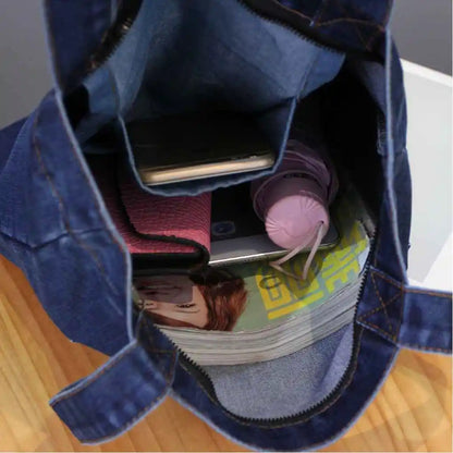 Fashion Women Large Capacity Shoulder Bags Wild Casual Handbag Street Canvas Denim Shoulder Bag Solid Color Zipper Shopping Bag