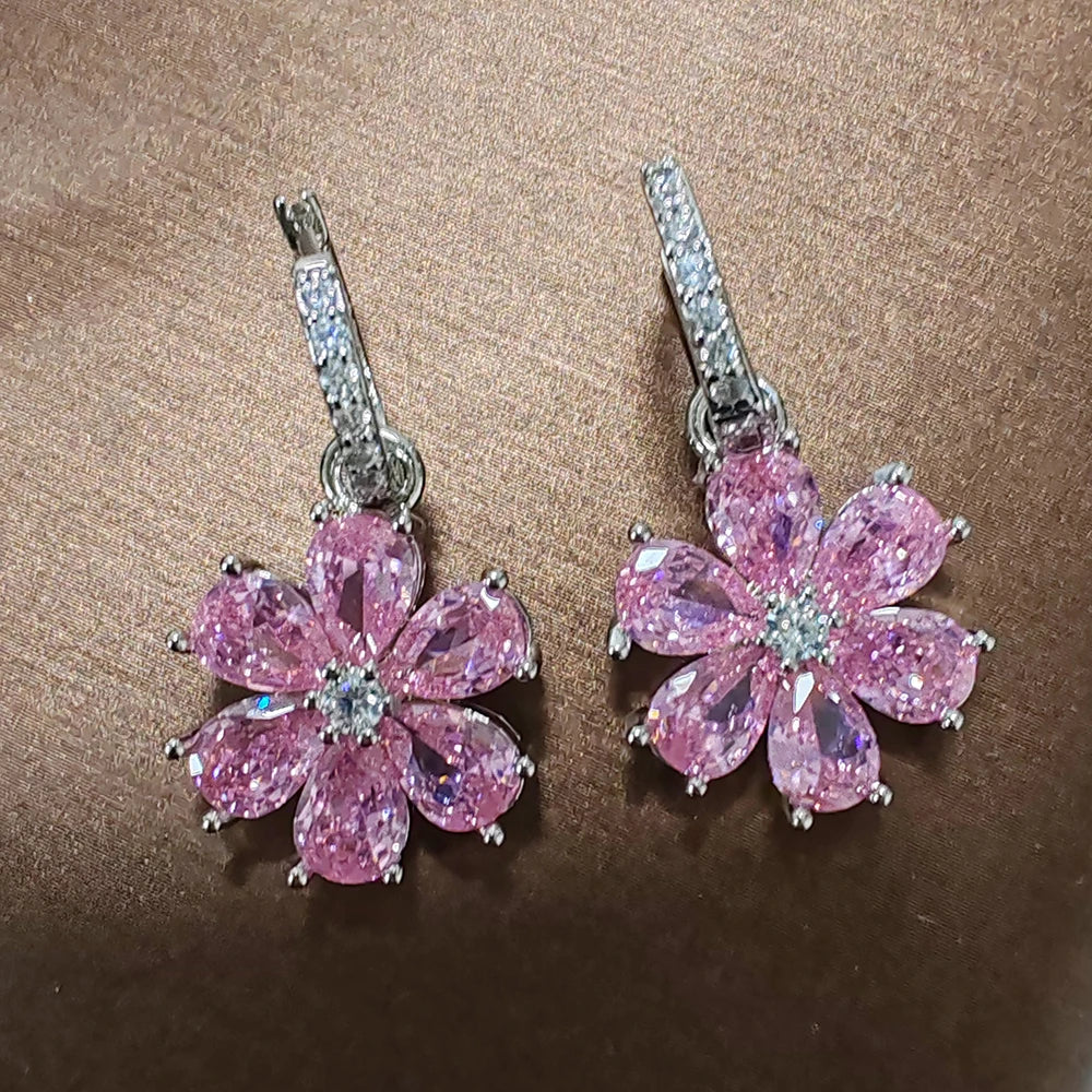 Pink Flower Sparkling Zircon S925 Sterling Silver Drop Earrings for Women Vintage Jewelry Wedding Engagement Hoop Earrings Gifts