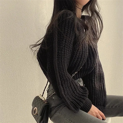 Loose Vintage Harajuku Lantern Long Sleeve Women Sweater Korean Autumn Winter Knitwear Soft Warm Tops Chic Solid Femme Sweater