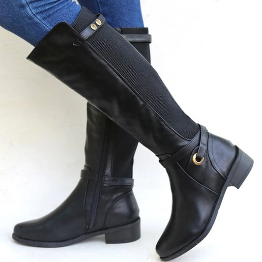 Womens Chunky Heel Leather Boots Solid Color Leather Knee High Winter Side Zipper Long Boots Comfort Casual Vintage Booties