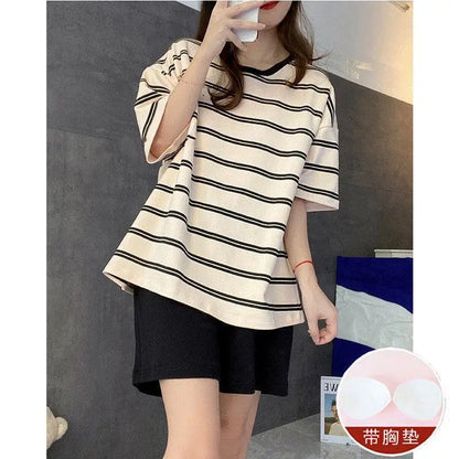 Women Summer Two Pieces Sets Pajamas O-neck Short Sleeve Shorts Pant Homewear With Chest Pad Thin Loose Striped Big Size Cute