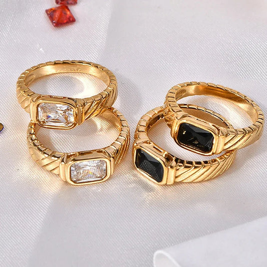 New Minimalist Square Geometric Ring Stainless Steel Black Zircon Rings For Women Engagement Wedding Jewlery