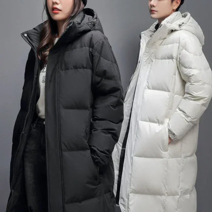 Gmiixder Unisex Warm Down Jacket Men's Thick Hooded Solid Zipper Parkas Women's Over-the-Knee Extra Long Winter Padded Jacket