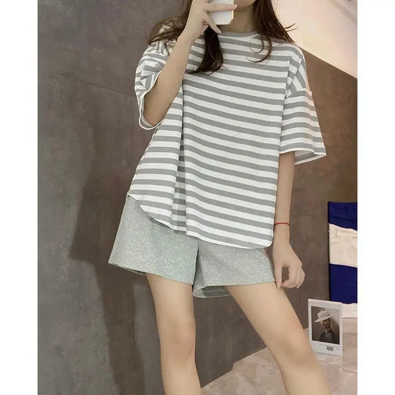 Women Summer Two Pieces Sets Pajamas O-neck Short Sleeve Shorts Pant Homewear With Chest Pad Thin Loose Striped Big Size Cute